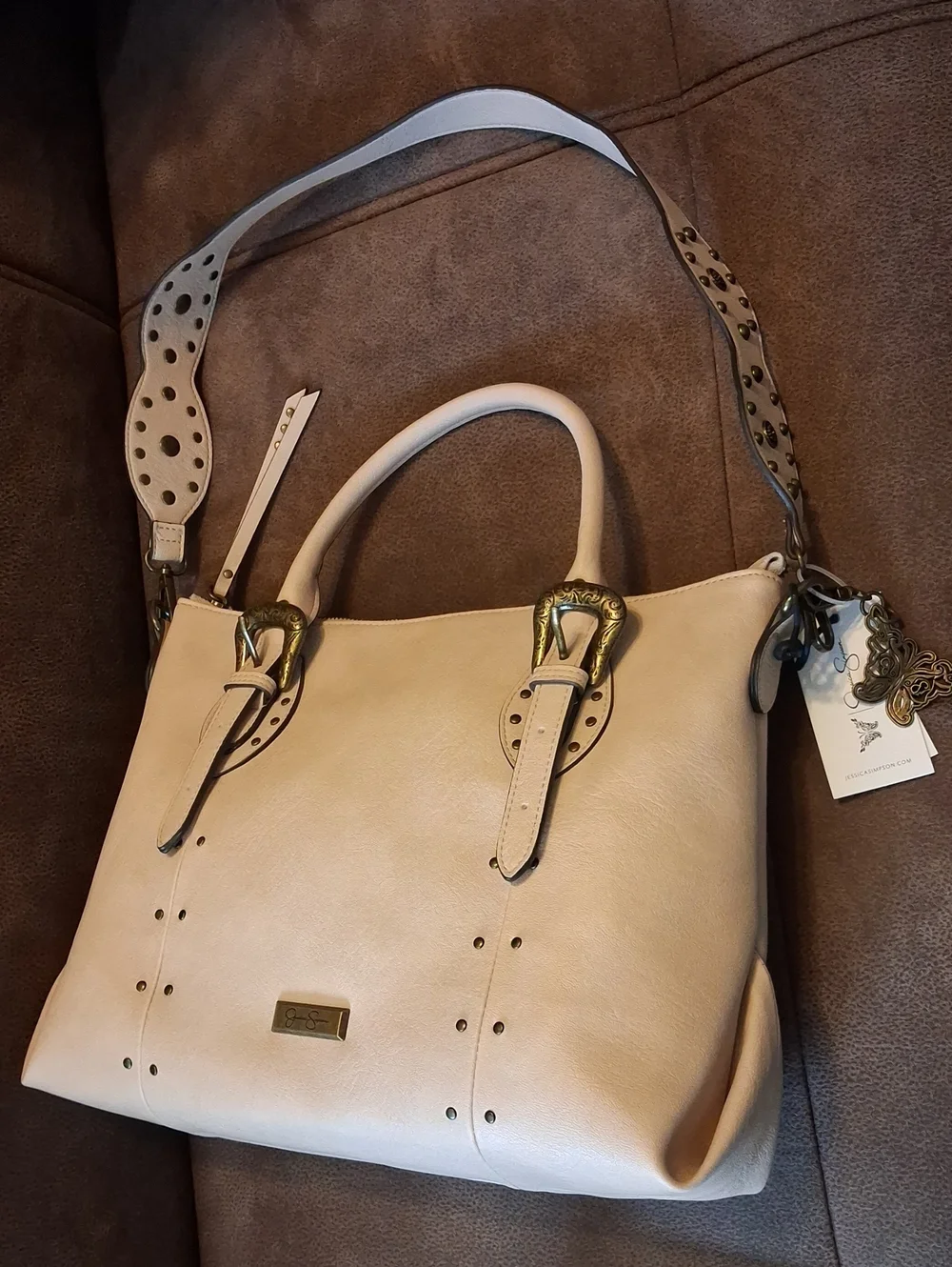 Jessica Simpson Beige Women's Faux Leather Tote Bag with Decorative Buckles